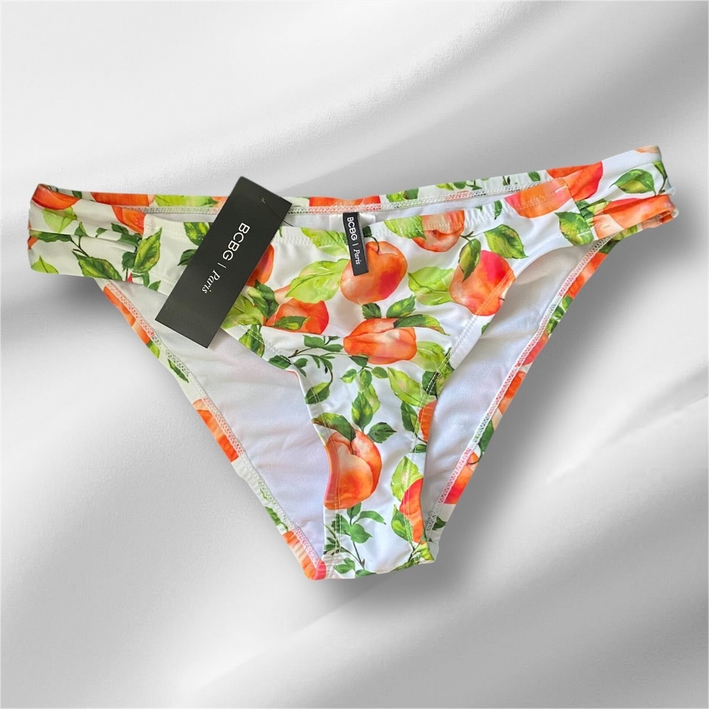 BCBG Women's Rusched Tab Peach Print Bikini Swim Bottom Size XXL - NWT - Picture 1 of 6